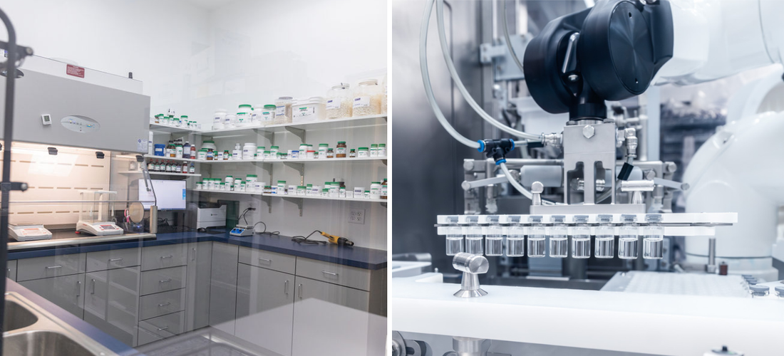 Side-by-side comparison of 503A compounding pharmacy workspace and 503B automated vial-filling line, illustrating the difference between 503A and 503B pharmacies