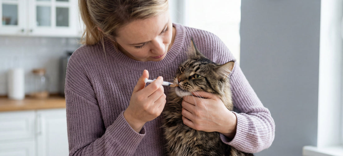 Pet owner giving cat liquid medication using oral syringe at home